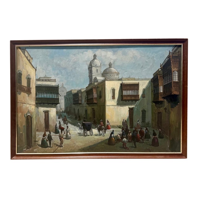 Streetscape Oil Painting by Peruvian Artist Roger Vejarano Mesarina For Sale