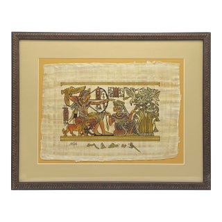 Framed Hand-Painted Egyptian Papyrus King Tutankhamun and Queen Ankhesenamun in a Traditional Royal Hunting Scene by Khedn For Sale