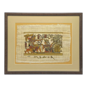 Framed Hand-Painted Egyptian Papyrus King Tutankhamun and Queen Ankhesenamun in a Traditional Royal Hunting Scene by Khedn