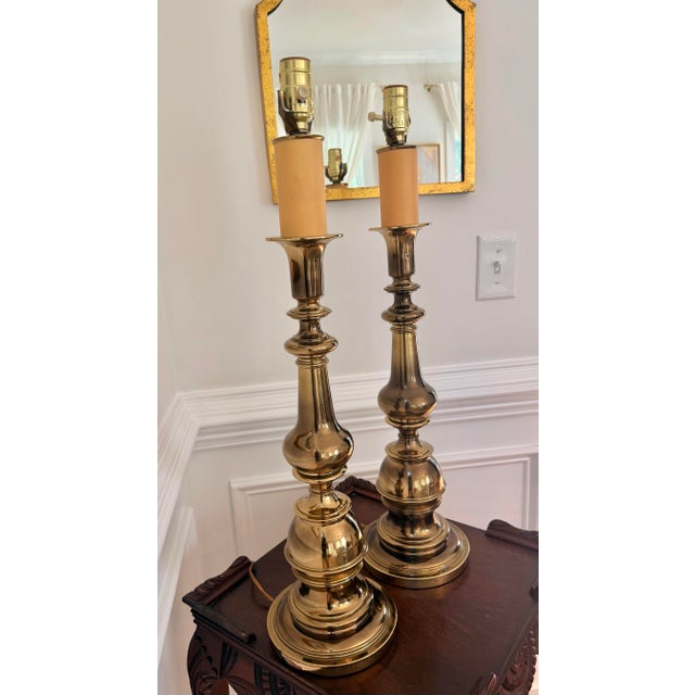 Brass 1970s Heavy Vintage 27” Polished Brass Baluster Table Lamps - a Pair For Sale - Image 8 of 12