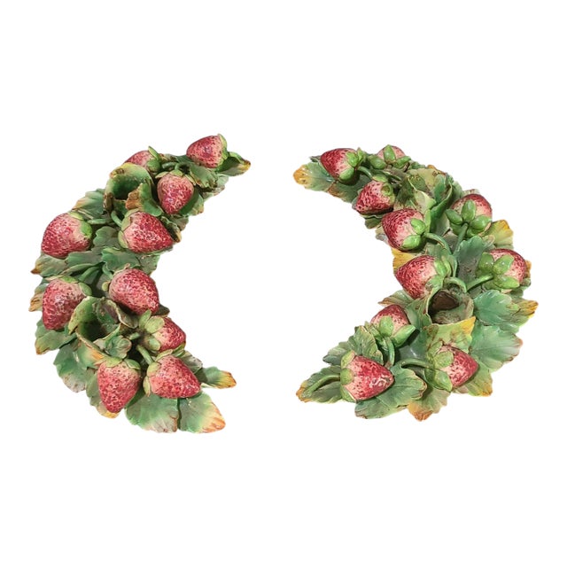 Vintage Pair Italian Majolica Hand Painted Fruit George Jones Style Strawberry Candle Holders For Sale