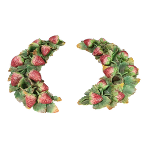 Vintage Pair Italian Majolica Hand Painted Fruit George Jones Style Strawberry Candle Holders