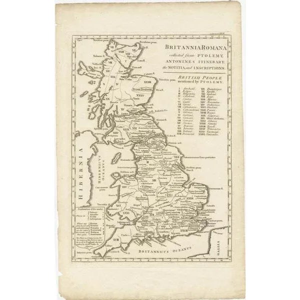 Antique map titled 'Britannia Romana collected from Ptolemy (\.)'. Map of Britain in Roman times drawn from several...