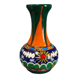 Vintage Tlaquepaque Mexican Redware Pottery Colorful Figural Story Telling Vase For Sale