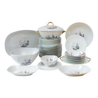 French Porcelain Dinner Service with Grisaille Scenes from Limoges Raynaud, 1960s, Set of 38 For Sale