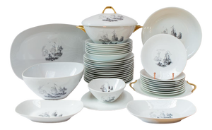 French Porcelain Dinner Service with Grisaille Scenes from Limoges Raynaud, 1960s, Set of 38