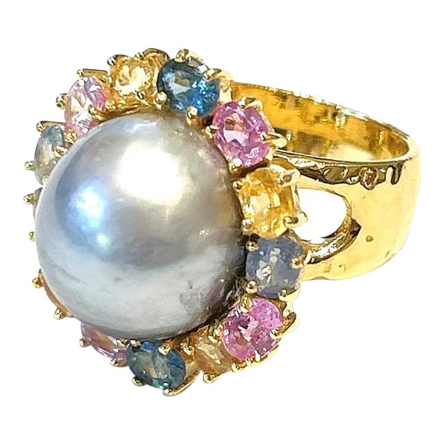 Bochic “Orient” Tahiti South Sea & Multi Sapphire Cluster Ring Set 18k & Silver Size 7 For Sale