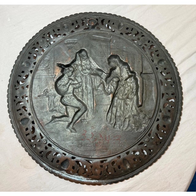 Large Antique Ornate Bronze Patinated Metal Relief Wall Charger Plaque Romeo For Sale - Image 10 of 10