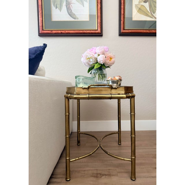 Vintage Brass Faux Bamboo Side Table With Glass Tray Top | Hollywood Regency End Table For Sale - Image 9 of 11