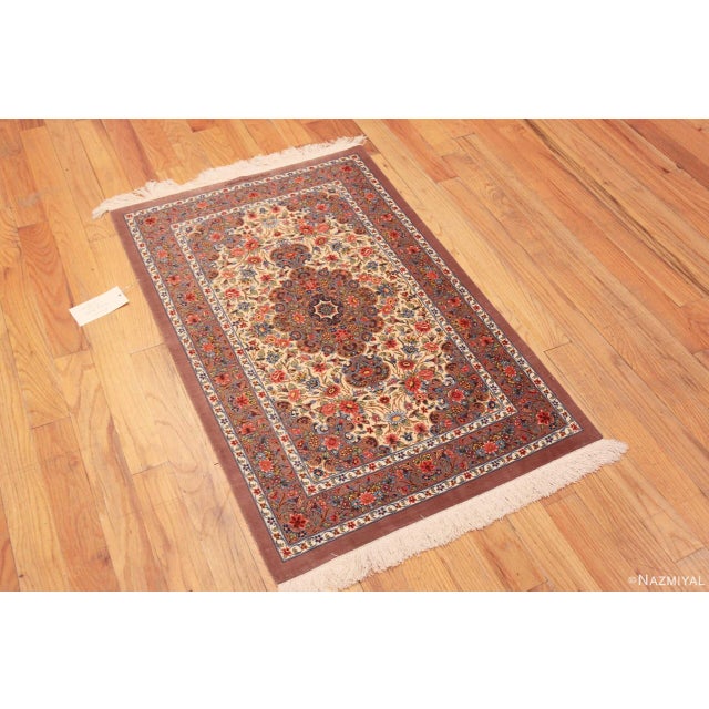 Small Fine Floral Design Vintage Luxurious Persian Silk Qum Rug, country of origin: Persian Rugs, Circa date: Vintage