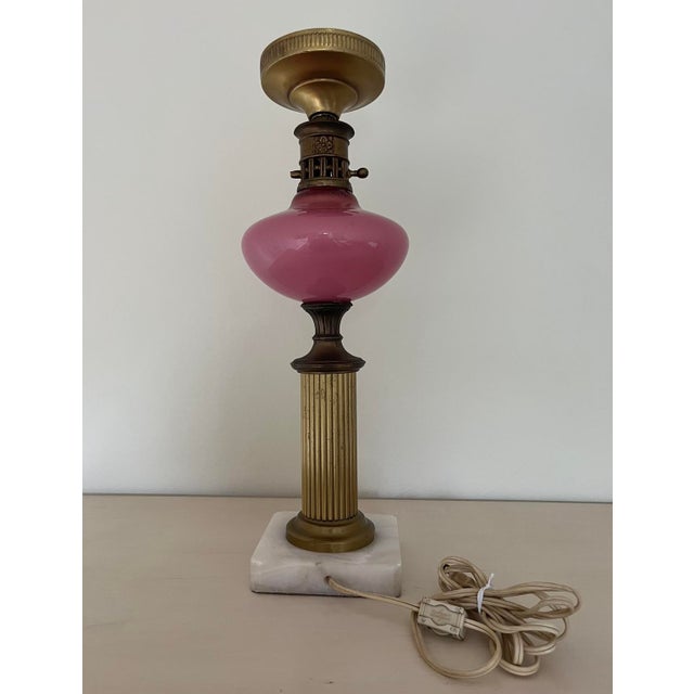 Metal Early 20th Century Vintage Art Deco Opaque Pink Glass Table Lamp For Sale - Image 7 of 13