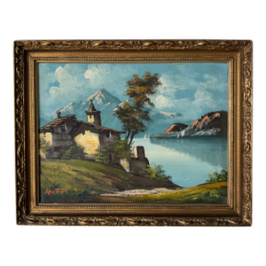 1980’s Vintage “Alpine Lake Village” Oil on Canvas Painting by Mottish – Framed