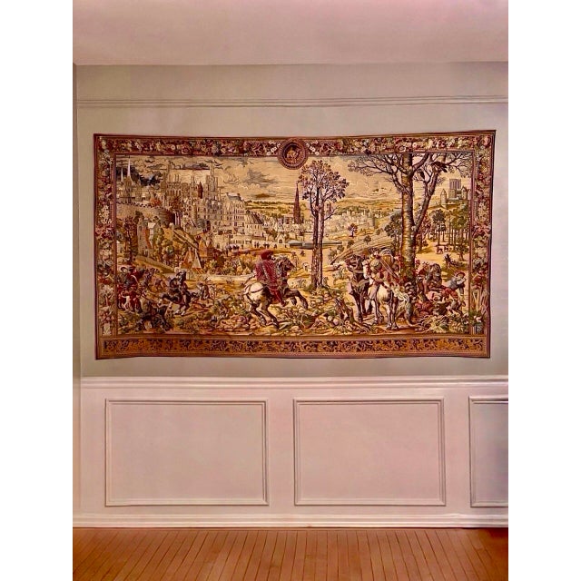 One of twelve in a series of Belgian Medieval jacquard wall tapestries depicting the "Hunts of Maximilian." Representing...
