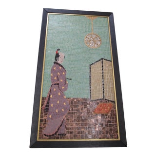 1950s Vintage Mosaic Tile Hand Painted Framed Samurai Painting For Sale