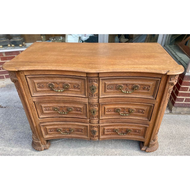 Wood 19th Century Carved Bell Flower European 3 Draw Chest Commode Dresser Brass Pull For Sale - Image 7 of 12