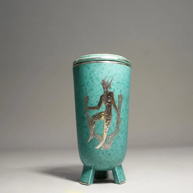 Green Neo-Classical Lidded Stoneware Vase with Silver Decor by Wilhelm Kåge for Gustavsberg, Sweden, 1930s, Set of 2 For Sale - Image 8 of 8