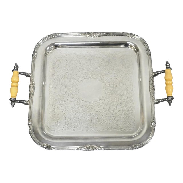 Vintage Sheffield Silver Plated Square Serving Bar Tray W/ Celluloid Handles For Sale