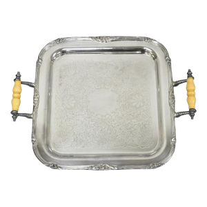 Vintage Sheffield Silver Plated Square Serving Bar Tray W/ Celluloid Handles