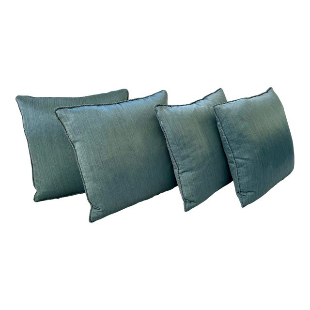 Set of 4 Custom Blue Green Silk-Cotton Pillows For Sale
