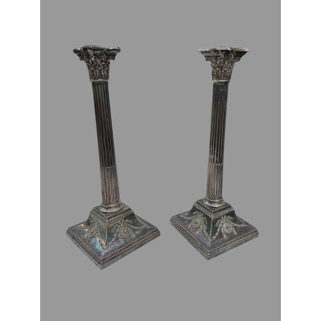 Antique C1860 Hawksworth Eyre & Co Silver Plate Candlesticks Pair 14” Sheffield For Sale - Image 9 of 9