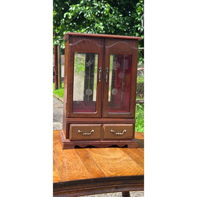 Vintage Wooden Jewelry Armoire With Etched Glass Doors & Red Velvet Lined Interior For Sale - Image 12 of 16