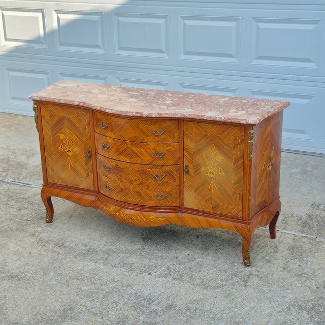 Late 20th Century Marble Top French Louis XV Style Bronze Mounted Marquetry Sideboard Buffet For Sale - Image 18 of 18