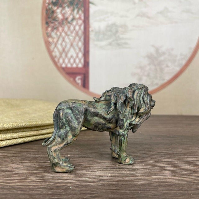 Bronze Lion Sculpture – 3.1" Verdigris Patina Animal Figure For Sale - Image 4 of 11