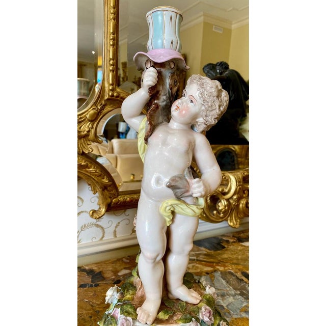 Beautiful pair of German porcelain candlesticks from Sitzendorf representing Venus, transformed into a fish, supported by...