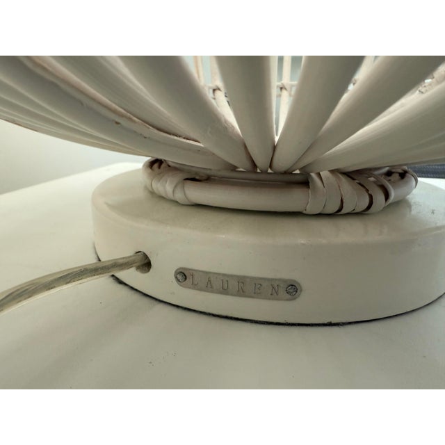 Shabby Chic Ralph Lauren White Rattan Table Lamp With Natural Burlap Shade For Sale - Image 3 of 5