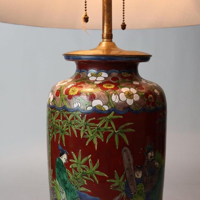 1920s Antique Japanese Enameled Porcelain Lamp With Figures C1920 For Sale - Image 5 of 13