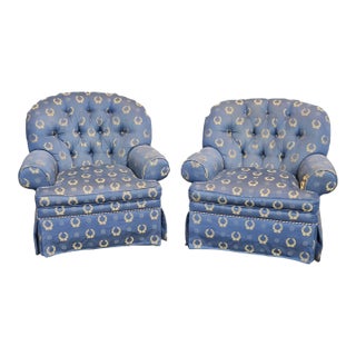 Late 20th Century Pair of Charles Stewart Club Chairs Prussian Blue Napoleonic Tufted Fabric For Sale