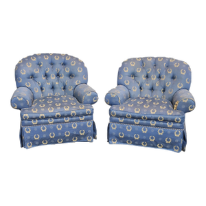 Late 20th Century Pair of Charles Stewart Club Chairs Prussian Blue Napoleonic Tufted Fabric