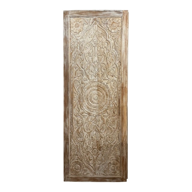 Vintage Double-Sided Lotus Carved Sliding Door in Reclaimed Wood | Barn Door 96x36 For Sale