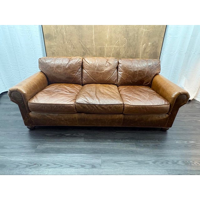 Traditional Rh Original Lancaster Leather 3-Cushion Sofa – 7' Petite 38"d | Italian Brompton Cocoa | Down-Feather | Pre-Owned For Sale - Image 3 of 18