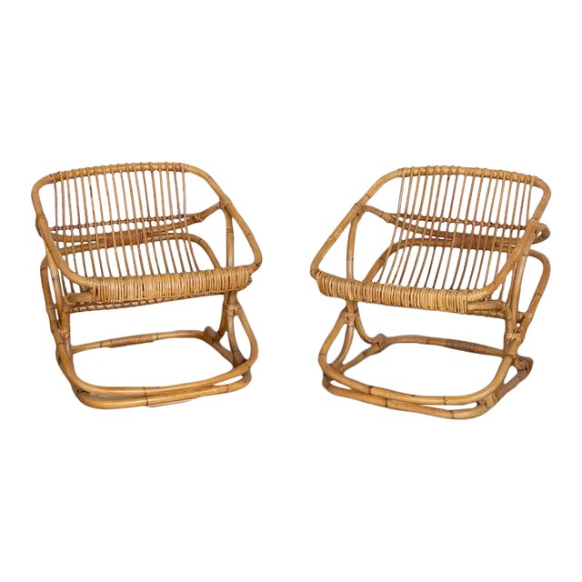 1960s Pair of Italian Rattan Bucket Chairs For Sale
