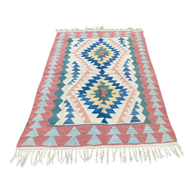 Turkish Vintage Geometric Pattern Kilim Rug For Sale