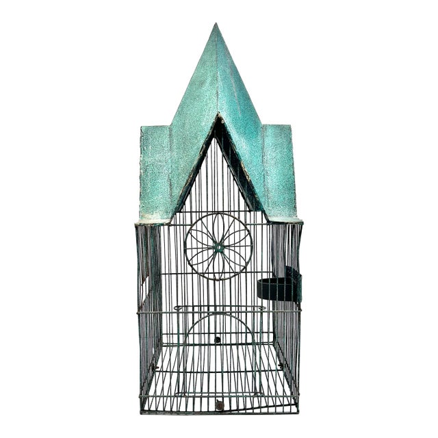 Tall Vintage Metal Birdcage With Verdigris Green Roof - Gothic Garden Decor Accent For Sale