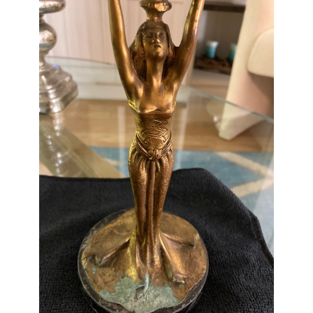 Art Nouveau Antique Late 19th Century Brass Art Nouveau Woman Holding a Bowl For Sale - Image 3 of 12