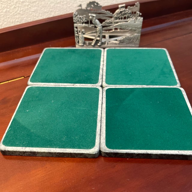 Vintage Pewter Golf Coaster Holder With Green Marble Coasters- 5 Pieces For Sale In Los Angeles - Image 6 of 7