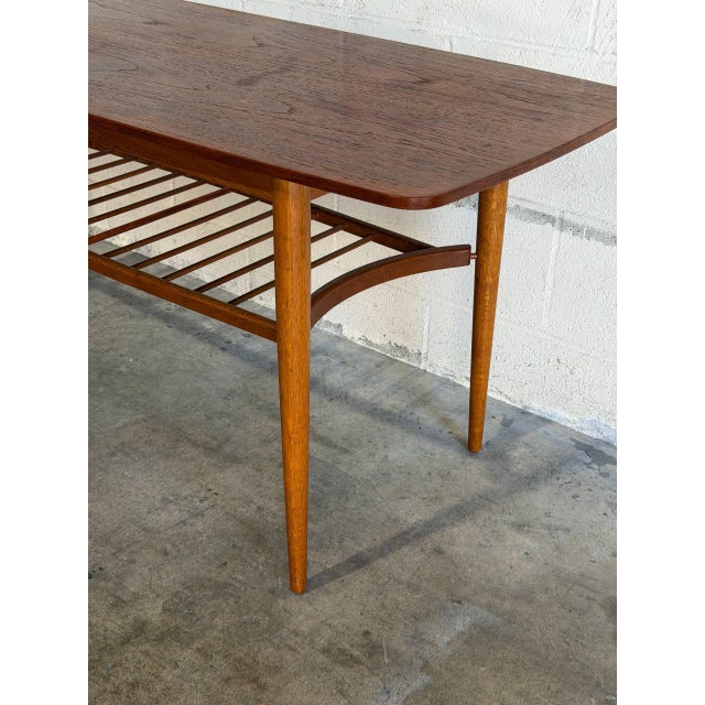 Wood Teak Coffee Table With Slatted Lower Shelf and Tapered Legs Denmark 1960s For Sale - Image 7 of 9