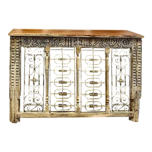 1920s Rustic Console Table Wrought Iron Jali Carved Entryway Table 64