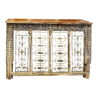 1920s Rustic Modern Console Table Tall Iron Jali Carved Tv Bar Table 64 For Sale