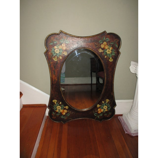 This is a Gorgeous! Vintage French Country Ornate Hand Painted Wood Mirror with a Brown Background and Lovey Deep Cream to...