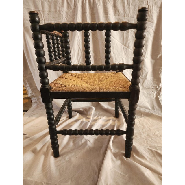 Antique Bobbin Corner Chair, Rush Seat Chair, Spanish Colonial Style, Woven Seat Armchair, Primitive Wooden Chair For Sale - Image 10 of 13