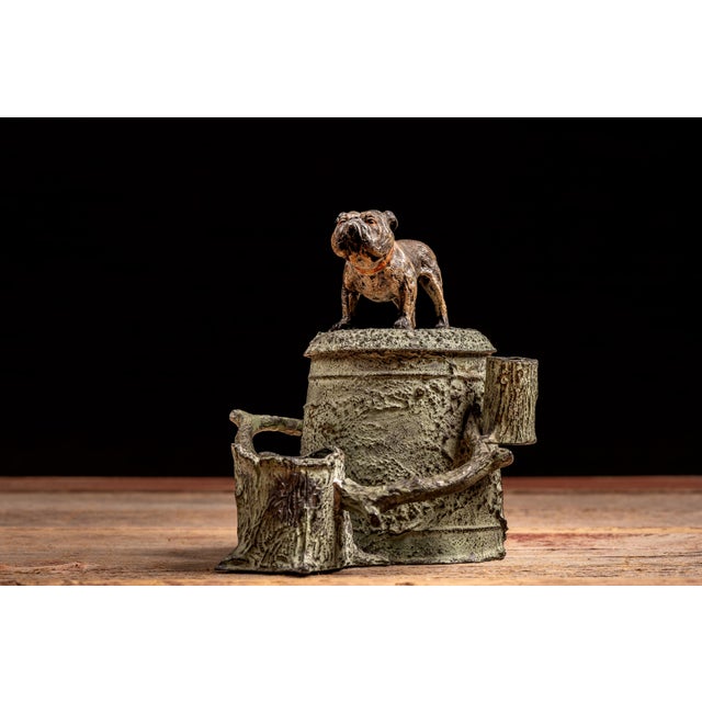Early 20th Century Early 20th-Century Cast Metal Bulldog Tree Stump Desk Humidor For Sale - Image 5 of 9