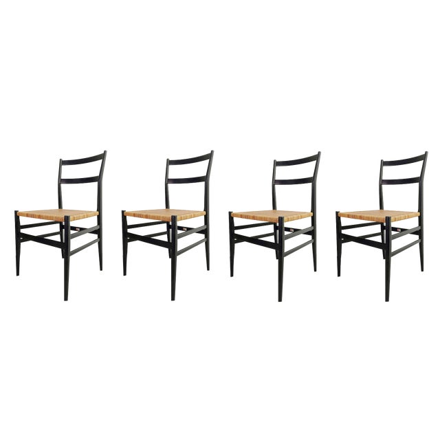 Mod. 646 Dining Chairs in Black Ash and Straw by Gio Ponti for Cassina, 1952, Set of 4 For Sale