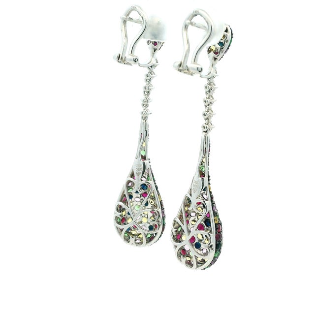 Contemporary Italian 14k White Gold Diamond & Multicolor Sapphire Drop Earrings, A Pair For Sale - Image 3 of 14