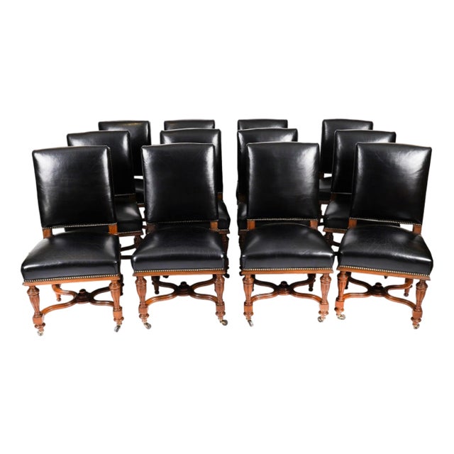 Antique French Walnut and Black Leather Dining Chairs, 19th Century, Set 12 For Sale