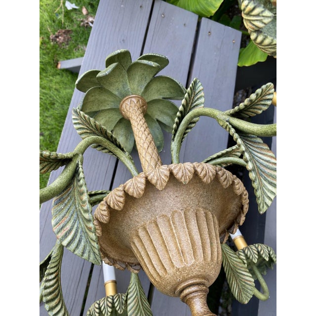 Green Vintage Tole Metal Palm Beach Tropical Hollywood Regency-Style Tole Palm Tree Chandelier Featuring Green-Painted Metal Fronds and Faux-Candle Arms For Sale - Image 8 of 12