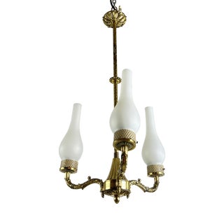 Mid-Century 3-Light Chandelier in Brass and Opaline Glass in the style of Stilnovo, 1950s For Sale